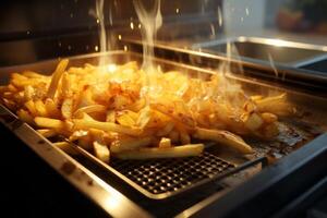 ai generado patatas fritas Cocinando en el gratén, rápido comida cadena foto