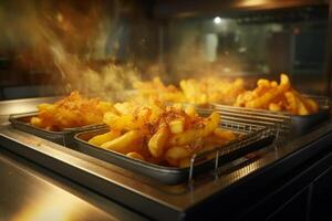 AI generated frites cooking in the gratin, fast food chain photo