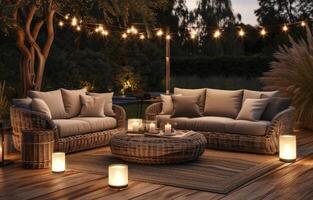 AI generated outdoor furniture with lights and wicker furniture photo