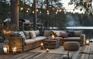 AI generated outdoor furniture with lights and wicker furniture photo