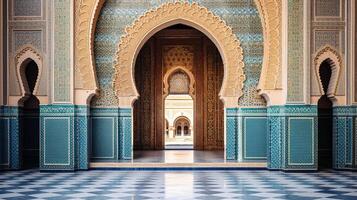 AI generated A mosque's intricate archway with mosaic details. Generative AI photo