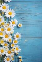 AI generated white daisies and yellow flowers on blue wooden background photo