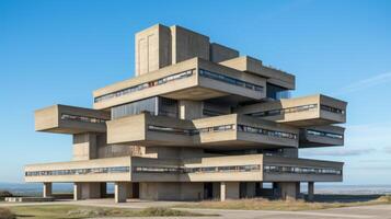 AI generated A monolithic brutalist structure rising against a clear sky. Generative AI photo