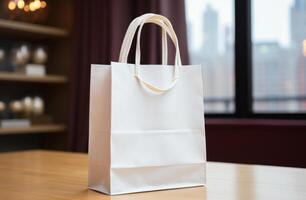 AI generated white paper shopping bag with white handles photo