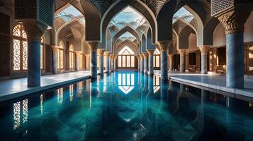 AI generated A mosque's serene reflection pool with ornate tiles. Generative AI photo