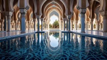 AI generated A mosque's serene reflection pool with ornate tiles. Generative AI photo