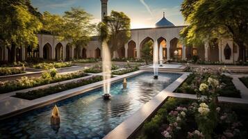 AI generated A mosque's serene garden with fountains. Generative AI photo