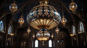 AI generated A mosque's ornate chandelier with intricate details. Generative AI photo