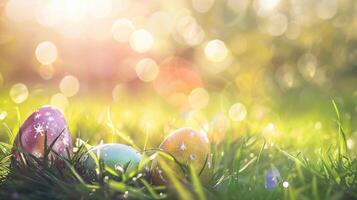 ai generado Pascua de Resurrección huevo antecedentes en verde césped foto