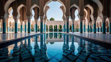 AI generated A mosque's serene reflection pool with ornate tiles. Generative AI photo
