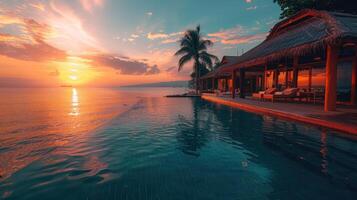 ai generado lujoso playa recurso con bungalows cerca un infinito piscina con vista a el mar a puesta de sol foto