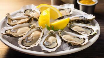 AI generated A mouthwatering plate of freshly shucked oysters with lemon wedges. Generative AI photo