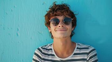 AI generated Portrait photograph of a young man smiling, dressed in stylish sunglasses and a striped t-shirt photo