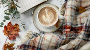 AI generated Plaid and a cup of coffee arranged on a white desk. Embrace the hygge, cozy autumn vibes, and comfort concept photo