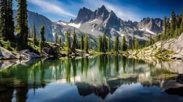 AI generated Peaceful mountain lake reflecting peaks. Generative AI photo