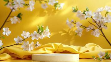 AI generated Yellow Asian-themed background with a fabric podium for showcasing product sets or beauty collections photo