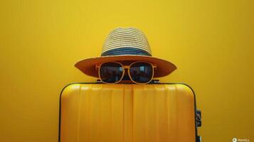 ai generado amarillo maleta con Gafas de sol y un sombrero en un amarillo antecedentes foto