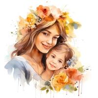 AI generated A tender watercolor illustration of a smiling mother and child photo