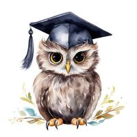 AI generated A charming owl with graduation cap, hand-painted in watercolor. photo