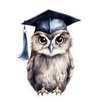 AI generated A charming owl with graduation cap, hand-painted in watercolor. photo