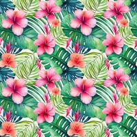 AI generated Tropical Paradise. Hibiscus and Palm Watercolor Pattern photo