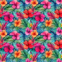 AI generated Tropical Paradise. Hibiscus and Palm Watercolor Pattern photo