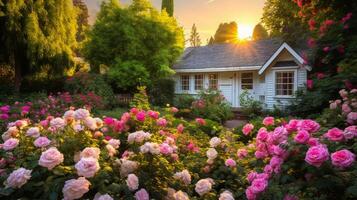 ai generado un pintoresco cabaña jardín con rosas en lleno floración. generativo ai foto