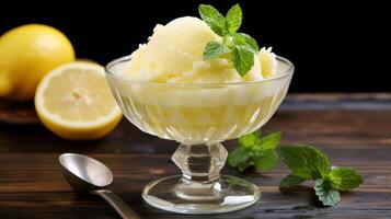 AI generated A refreshing lemon sorbet in a glass dish. Generative AI photo