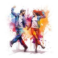 AI generated watercolor break dancing couple with colorful spots and splashes on white background photo