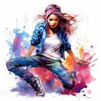 AI generated watercolor break dancing girl with colorful spots and splashes on white background photo