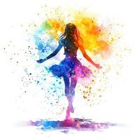 AI generated Dancing girl with colorful spots and splashes watercolor illustration. photo