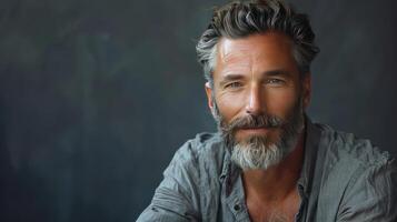 AI generated A charming mature man with stylish hair and a beard, dressed in a casual grey shirt photo