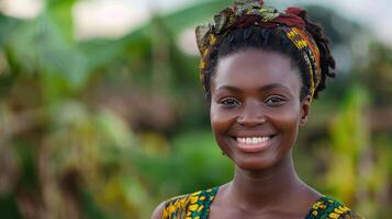 AI generated A charming young African woman is captured with a bright smile in the portrait photo