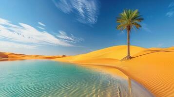AI generated A solitary palm tree stands guard beside a crystal-clear pool, embraced by golden sand dunes. photo
