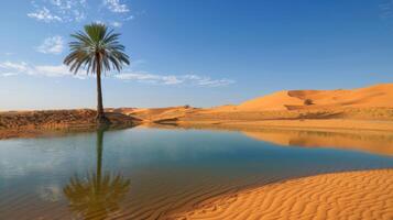 AI generated A lone palm tree stands sentinel beside a crystal-clear pool of water, surrounded by golden sand dunes photo