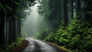 AI generated A road through a dense, misty forest. Generative AI photo