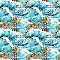 AI generated Watercolor seamless pattern with waves and palms. photo