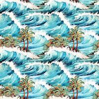 AI generated Watercolor seamless pattern with waves and palms. photo