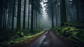 AI generated A road through a misty, mystical forest. Generative AI photo