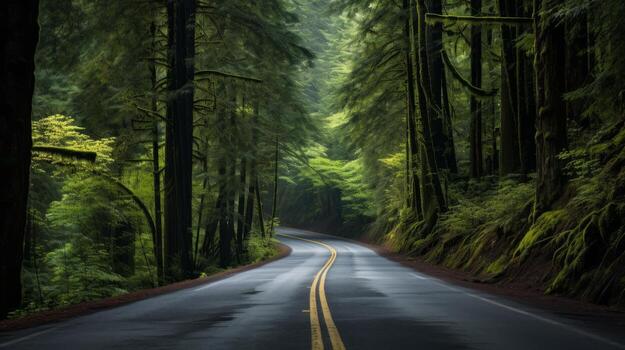 AI generated A road through a dense, enchanted forest. Generative AI photo