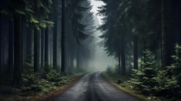 AI generated A road through a mystical, forcovered forest. Generative AI photo