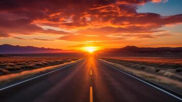 AI generated A road with a brilliant, fiery sunrise on the horizon. Generative AI photo