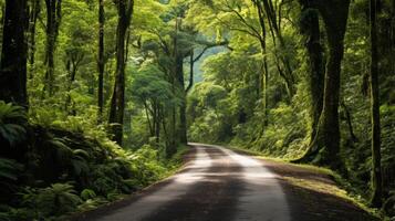 AI generated A road through a lush, tropical rainforest. Generative AI photo