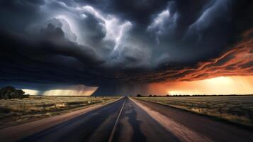 AI generated A road with a dramatic, stormy sky overhead. Generative AI photo