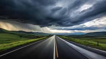 AI generated A road with a dramatic, stormy sky overhead. Generative AI photo