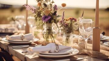 AI generated A rustic wedding table setting with wildflowers. Generative AI photo