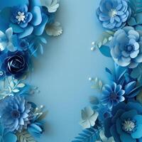 AI generated Blue paper flowers background with space for text or greeting card design photo