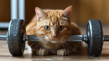 AI generated An overweight orange cat is lifting weights to shed pounds photo