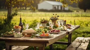 AI generated A rustic farm table with a farm totable spread. Generative AI photo