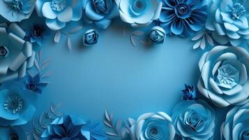 AI generated Blue paper flowers background with space for text or greeting card design photo